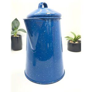Vintage Blue Speckled Enamel Coffee Pot With Lid & Spout